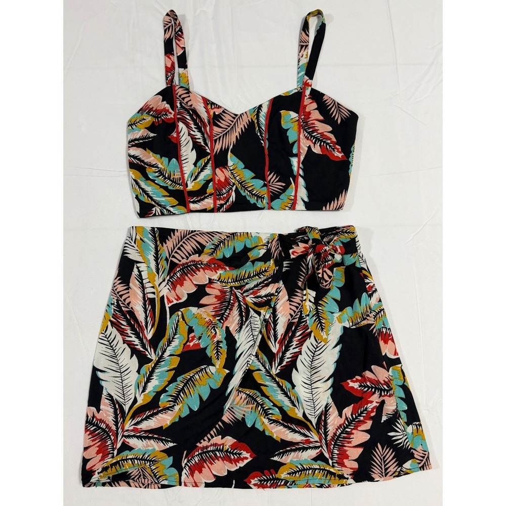 Band of Gypsies Tropical Palm Two Piece Set Crop Top Wrap Skirt Black Small New